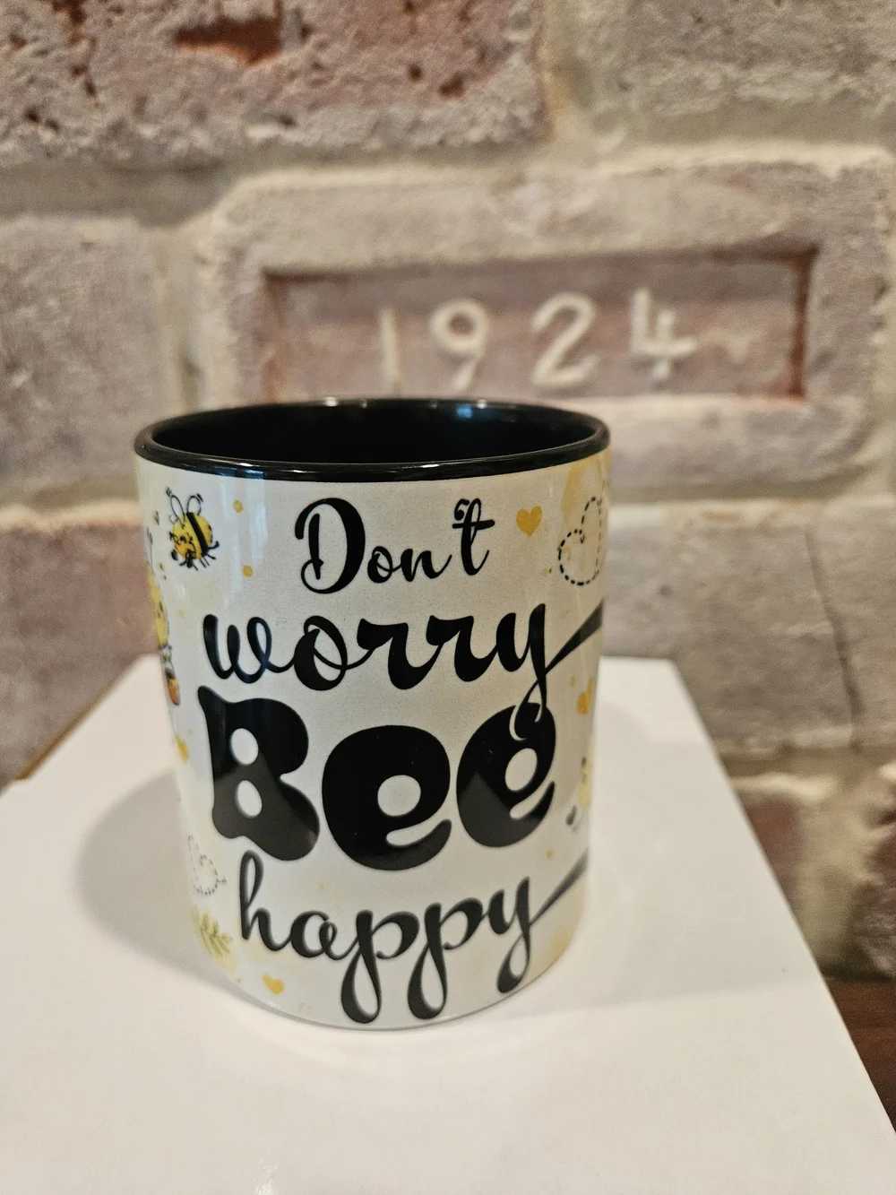 Hand Crafted Don't Worry Bee Happy Mug - Yellow, Black, White